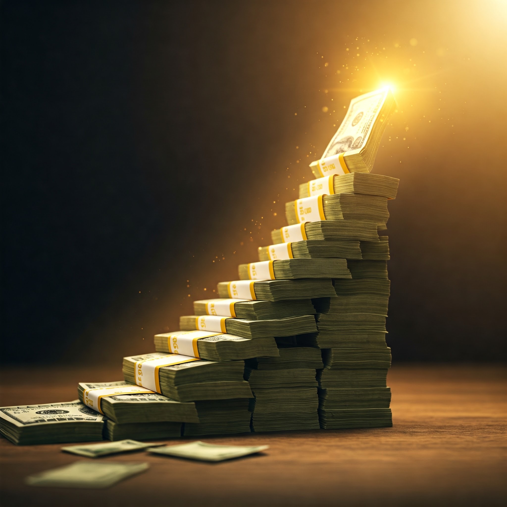 photo of Staircase of Dollar Bills with Bright Light